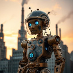 An intricately designed steampunk robot with human-like features, showcasing a brass and copper exterior with glowing blue eyes