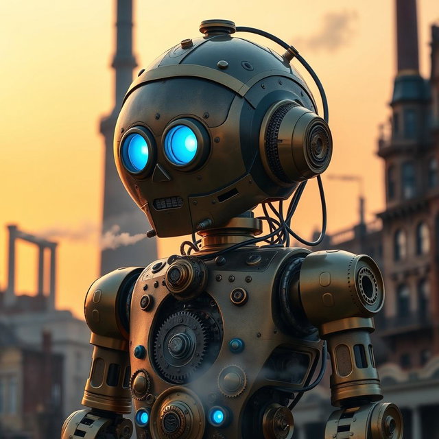 An intricately designed steampunk robot with human-like features, showcasing a brass and copper exterior with glowing blue eyes