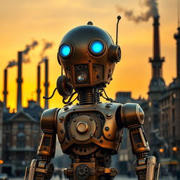 An intricately designed steampunk robot with human-like features, showcasing a brass and copper exterior with glowing blue eyes
