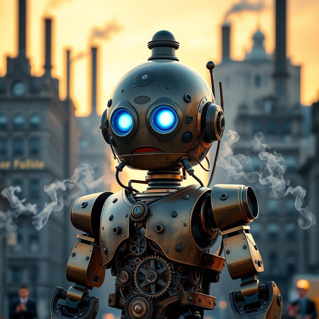 An intricately designed steampunk robot with human-like features, showcasing a brass and copper exterior with glowing blue eyes
