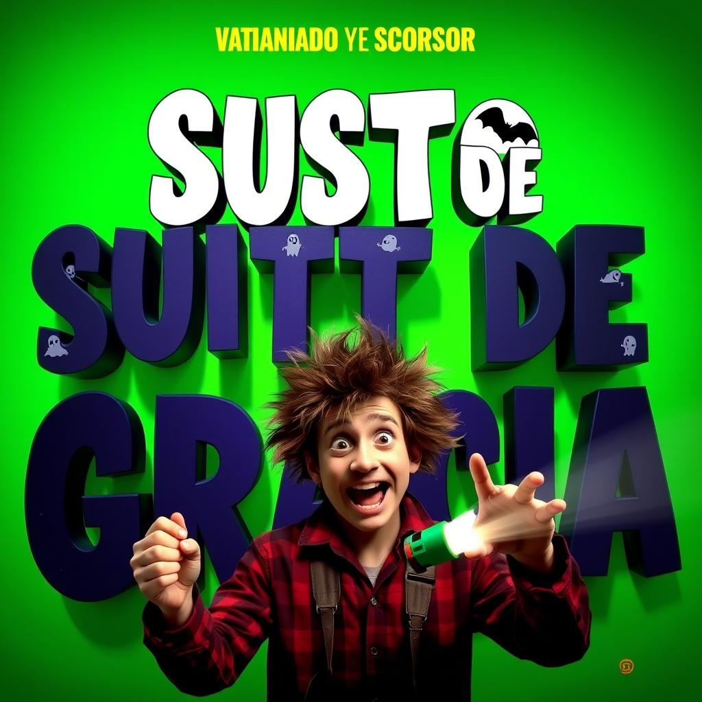 A movie poster for 'SUSTO DE GRACIA', featuring a vibrant green screen background