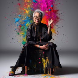 An older Asian model adorned in avant-garde black concept wear, seated atop a canvas splattered with a spectrum of vibrant paint.