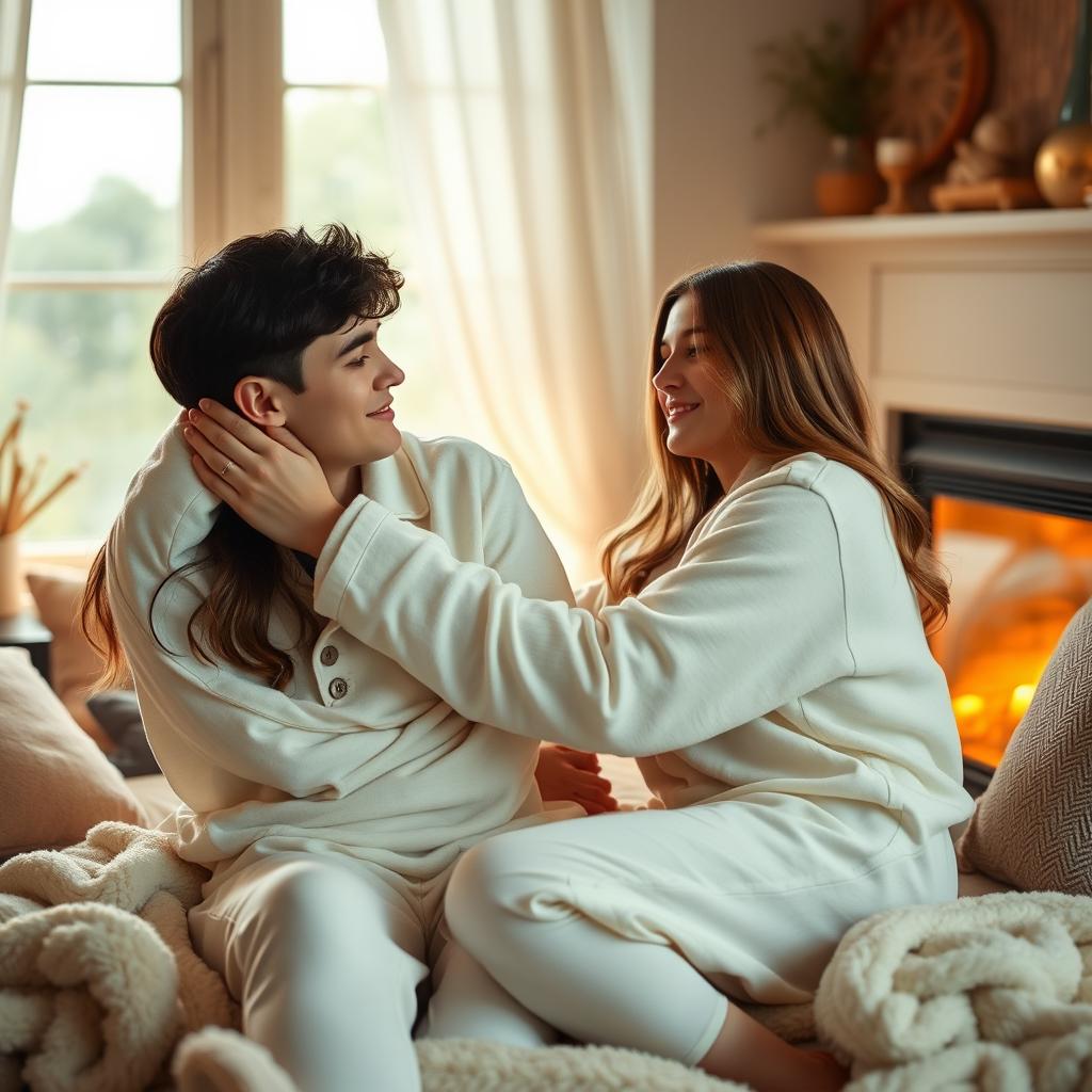 A cozy scene featuring a 20-year-old brother and sister in matching sleepwear, embracing affectionately beside a warm fireplace