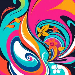 A vibrant and creative t-shirt print design featuring a colorful abstract pattern with swirling shapes and bold contrasting colors