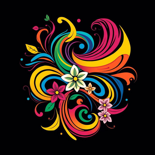 A vibrant and creative t-shirt print design featuring a colorful abstract pattern with swirling shapes and bold contrasting colors