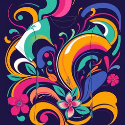 A vibrant and creative t-shirt print design featuring a colorful abstract pattern with swirling shapes and bold contrasting colors