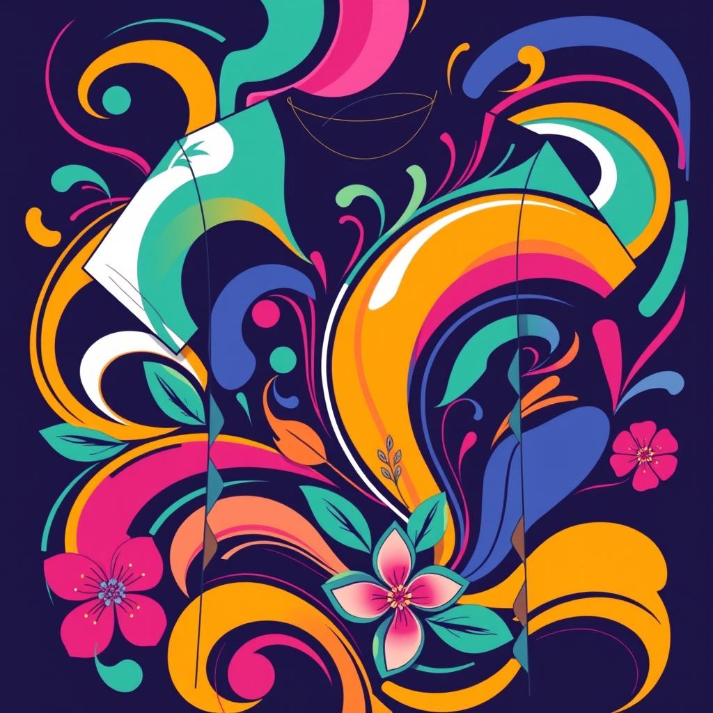 A vibrant and creative t-shirt print design featuring a colorful abstract pattern with swirling shapes and bold contrasting colors
