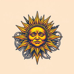 A captivating t-shirt print design featuring a stylized sun surrounded by ornate clock gears