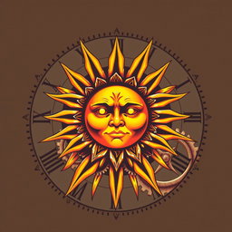 A captivating t-shirt print design featuring a stylized sun surrounded by ornate clock gears