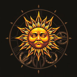 A captivating t-shirt print design featuring a stylized sun surrounded by ornate clock gears