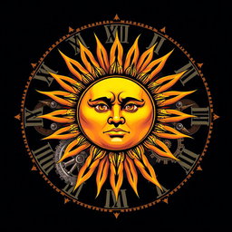 A captivating t-shirt print design featuring a stylized sun surrounded by ornate clock gears
