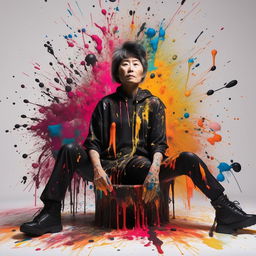 An older Asian model adorned in avant-garde black concept wear, seated atop a canvas splattered with a spectrum of vibrant paint.