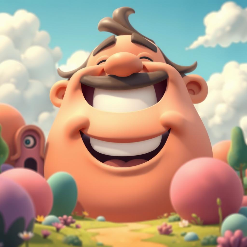 A whimsical scene featuring a giant cartoon character known for his distinct laugh, with a cartoonish facial expression full of joy and laughter