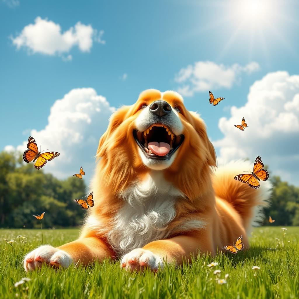 A giant, playful dog with a big, joyful expression, laughing heartily
