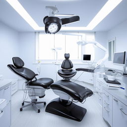 A dental unit with a standout look, featuring a sleek black dental chair at the center. The chair shows sharp contrast to the bright environment around it, while the room remains minimalist and modern with cutting-edge dental equipment.