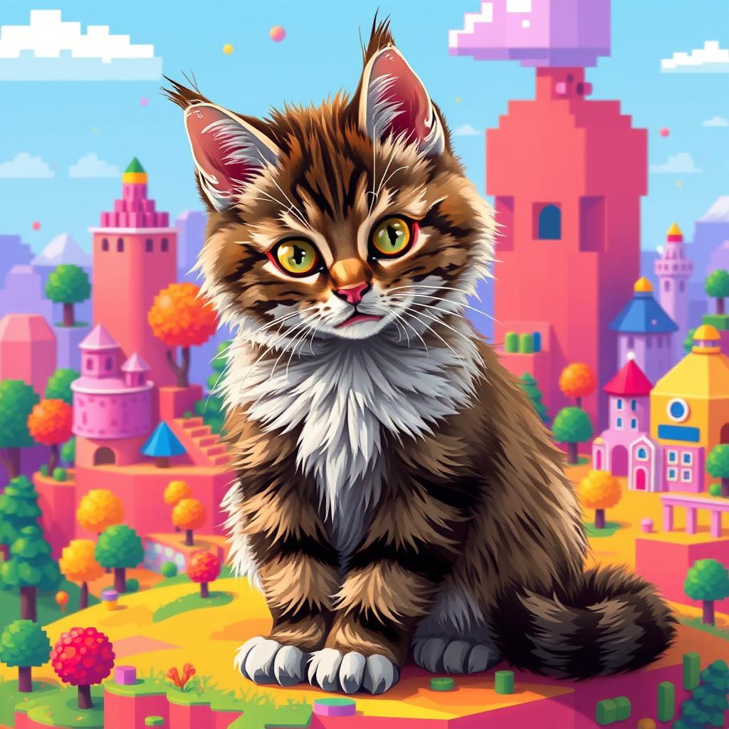 A realistic and detailed cat sitting on a vibrant pixelated landscape