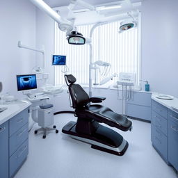 A dental unit with a standout look, featuring a sleek black dental chair at the center. The chair shows sharp contrast to the bright environment around it, while the room remains minimalist and modern with cutting-edge dental equipment.