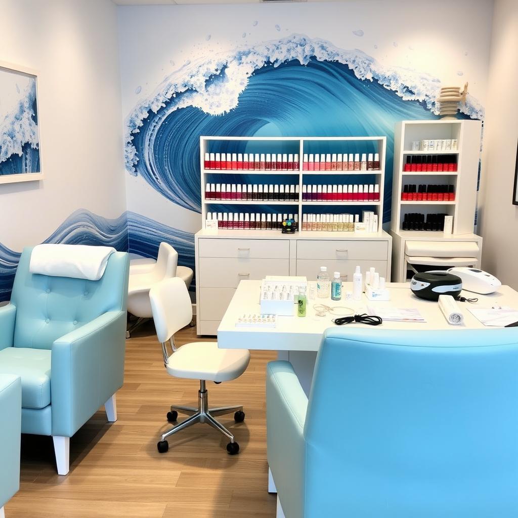 A serene nail salon exuding a nautical vibe, featuring light blue chairs paired with white accents