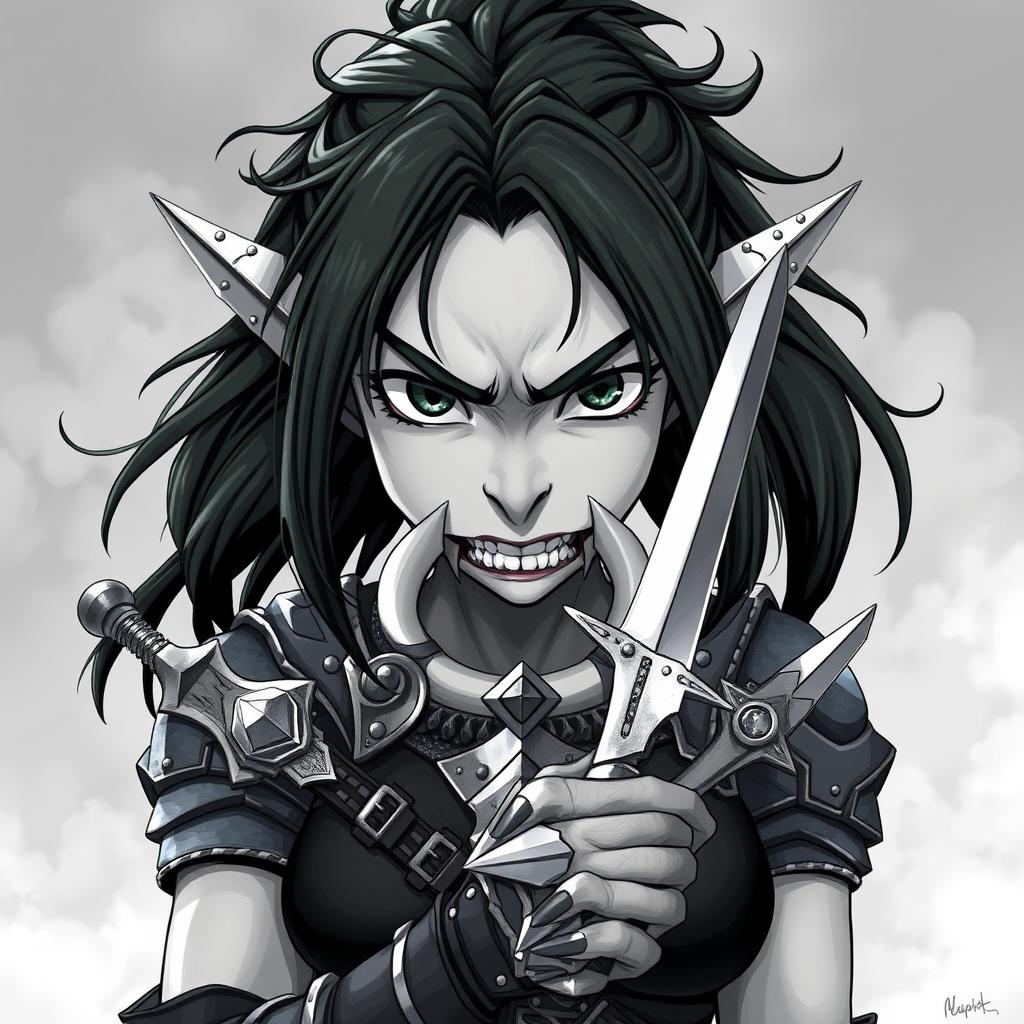 A stunning anime style greyscale illustration of a female orc rogue, showcasing her fierce expression and unique features from the shoulders up