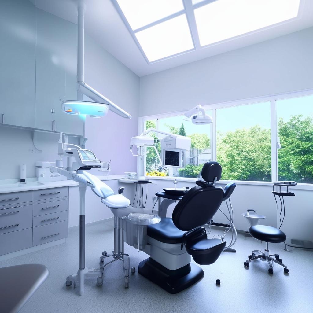 A dental unit with a standout look, featuring a sleek black dental chair at the center. The chair shows sharp contrast to the bright environment around it, while the room remains minimalist and modern with cutting-edge dental equipment.