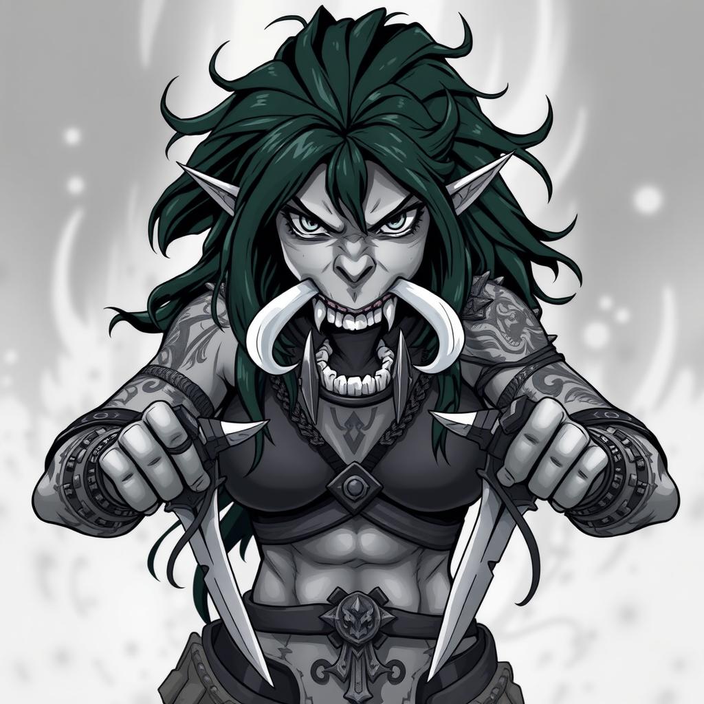 A captivating anime style greyscale illustration of a female orc barbarian, showcasing her strong and fierce expression from the shoulders up