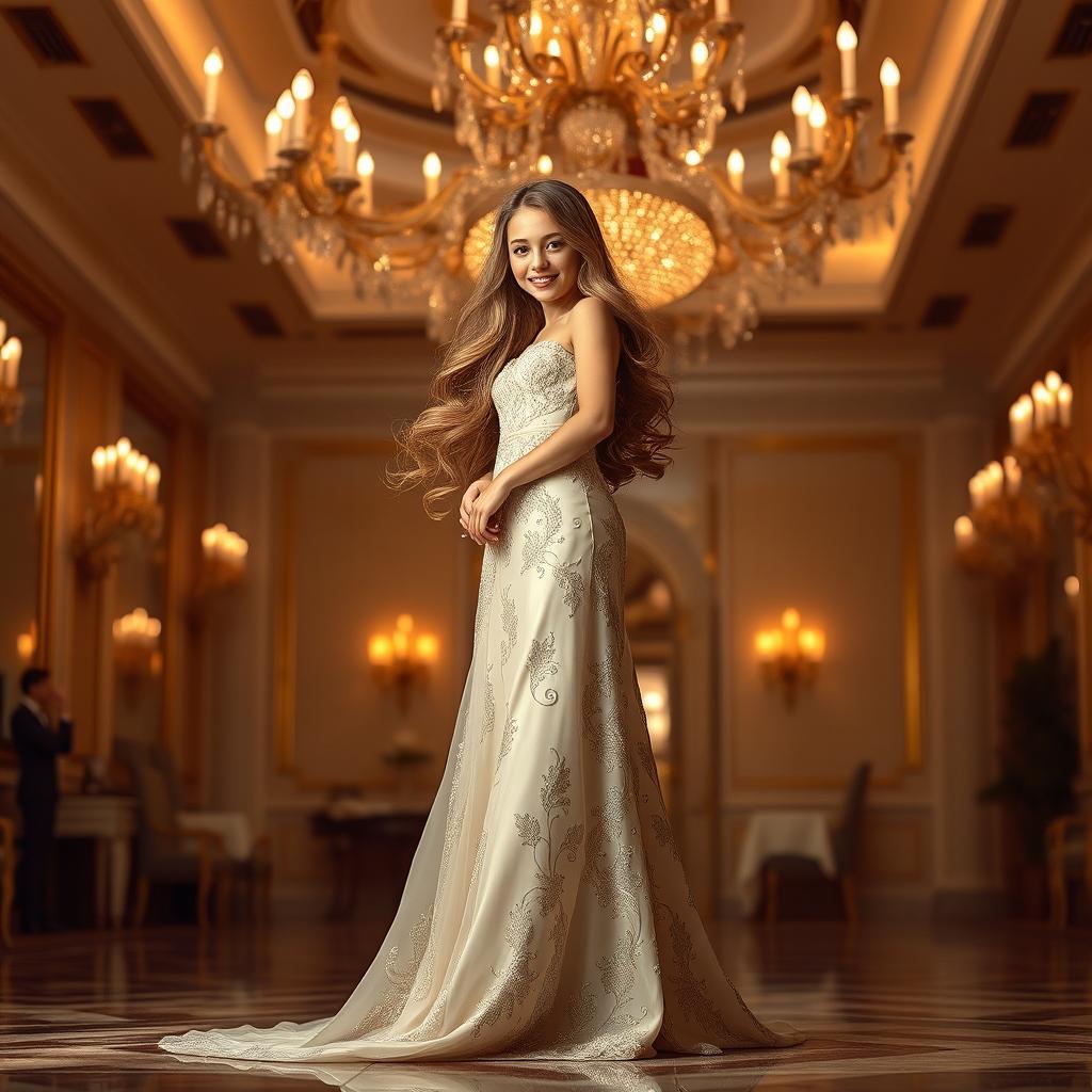 A beautiful girl with long, flowing hair, dressed in an elegant evening gown, standing gracefully in a luxurious ballroom