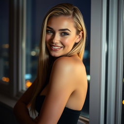 A full-body shot of a sexy, skinny 23-year-old woman posing confidently in a tasteful manner