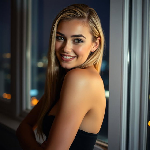 A full-body shot of a sexy, skinny 23-year-old woman posing confidently in a tasteful manner