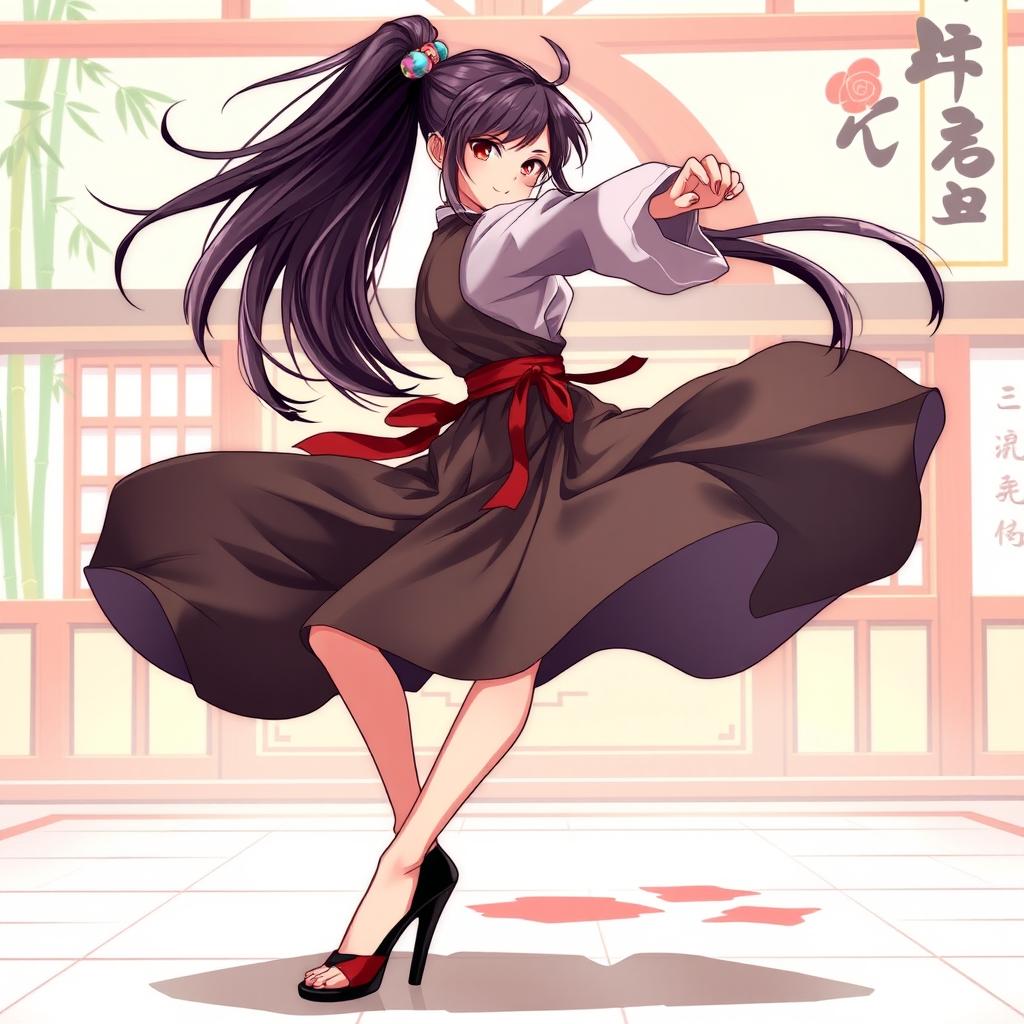 An anime female martial artist with an athletic build, showcasing her skills in a dynamic pose