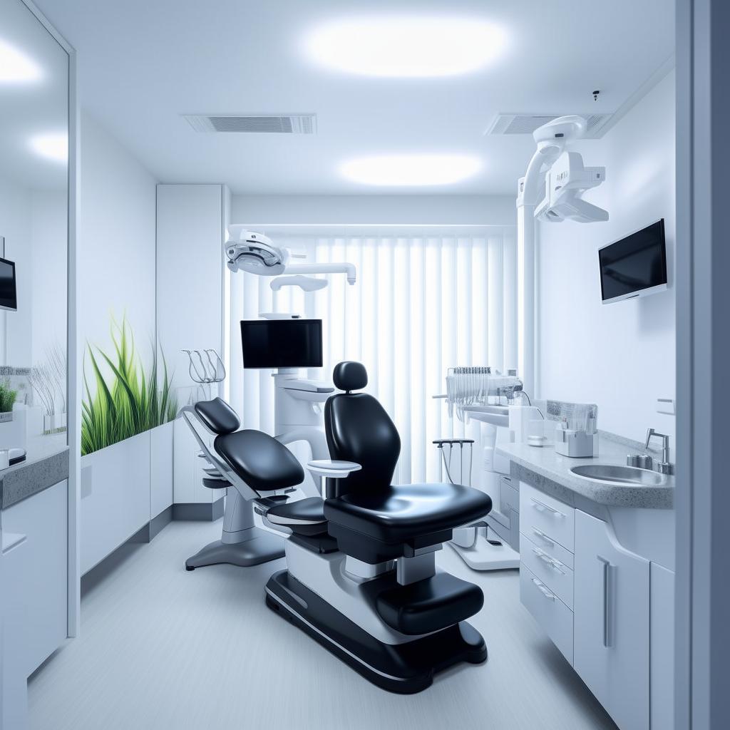 A dental unit with a standout look, featuring a sleek black dental chair at the center. The chair shows sharp contrast to the bright environment around it, while the room remains minimalist and modern with cutting-edge dental equipment.