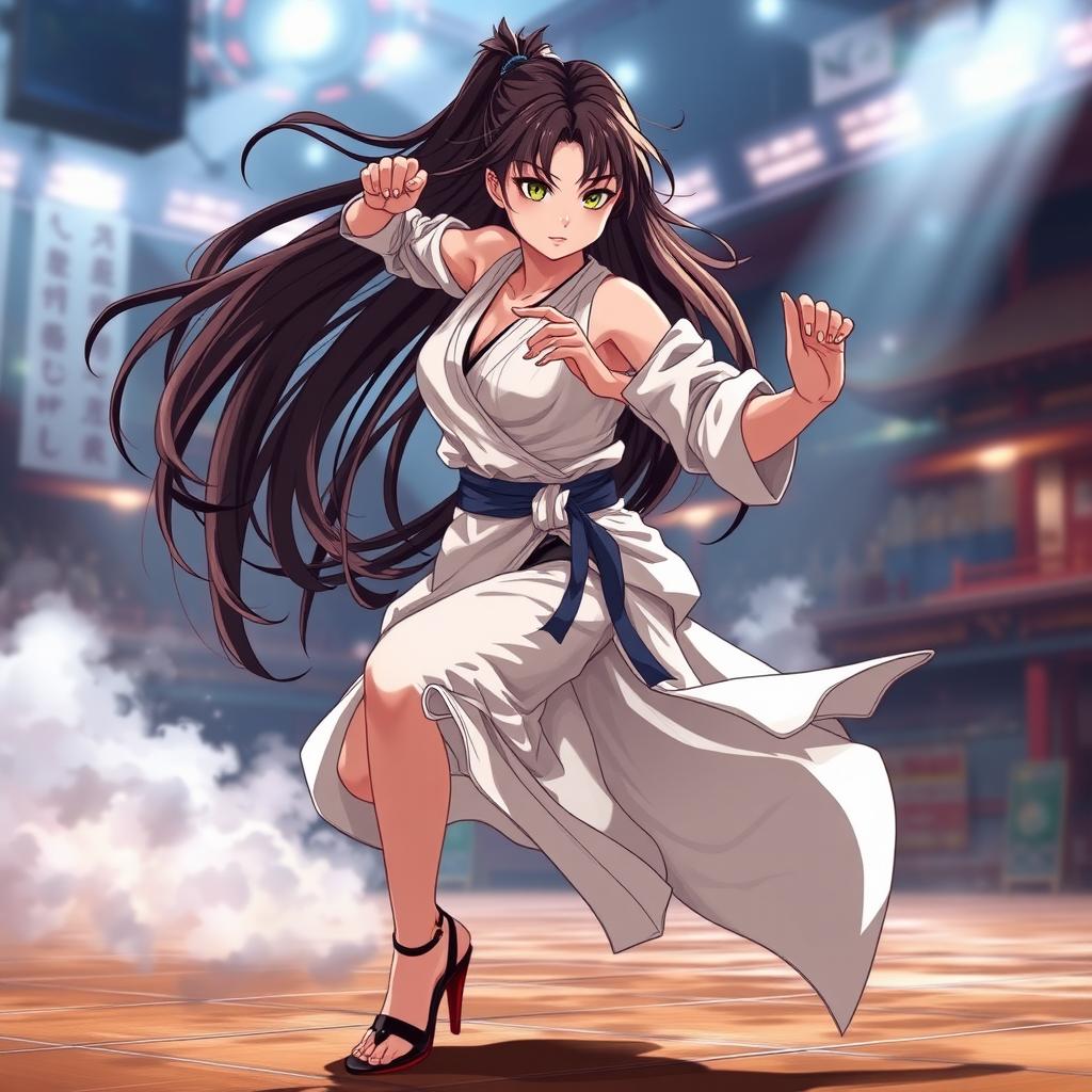 A striking anime female martial artist showcasing her impressive martial arts skills, wearing a traditional loose sarashi wrapped around her body and stylish high heels