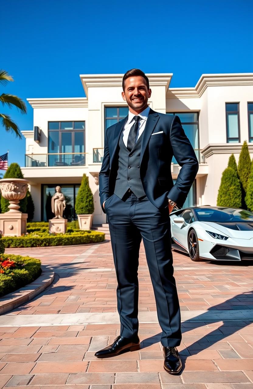 A powerful and confident military millionaire standing proudly in front of a modern luxury mansion