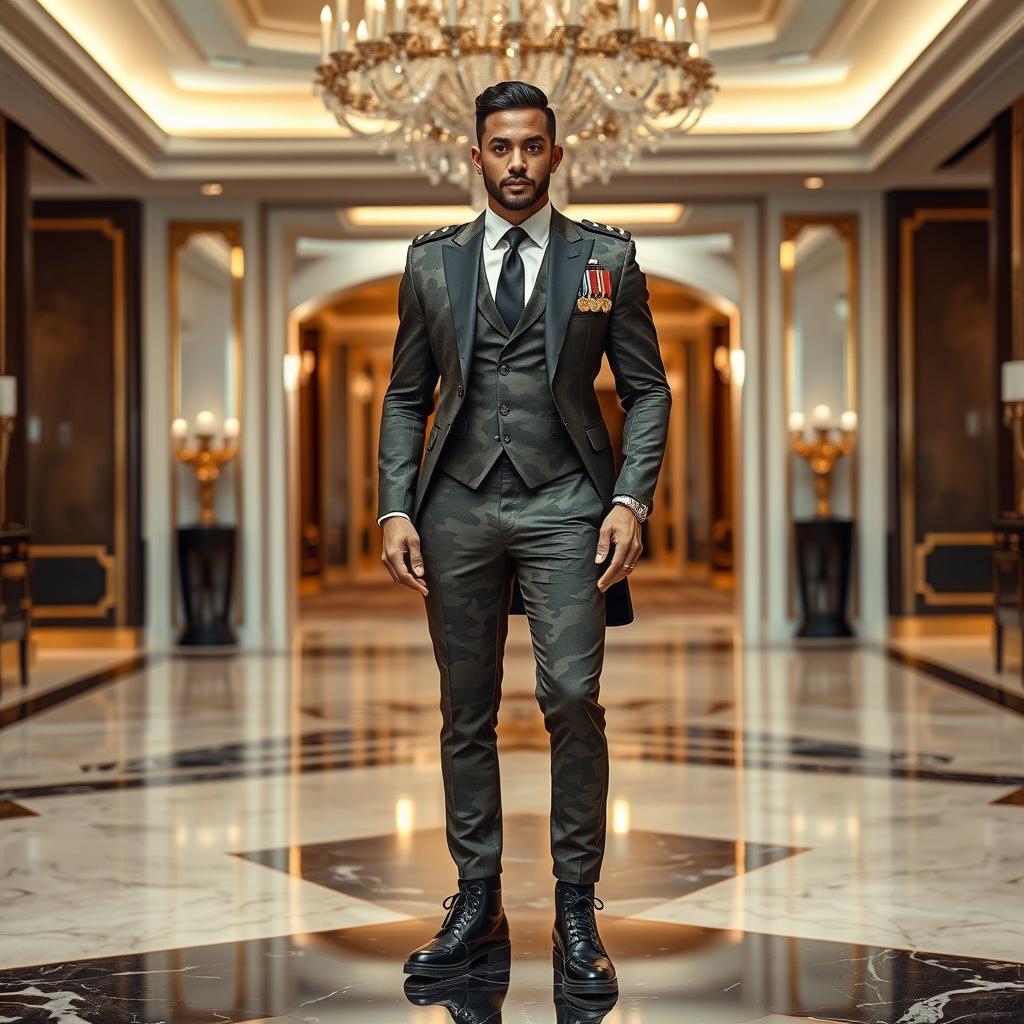 A striking character that embodies both military and millionaire elements, standing confidently in a luxurious, modern setting