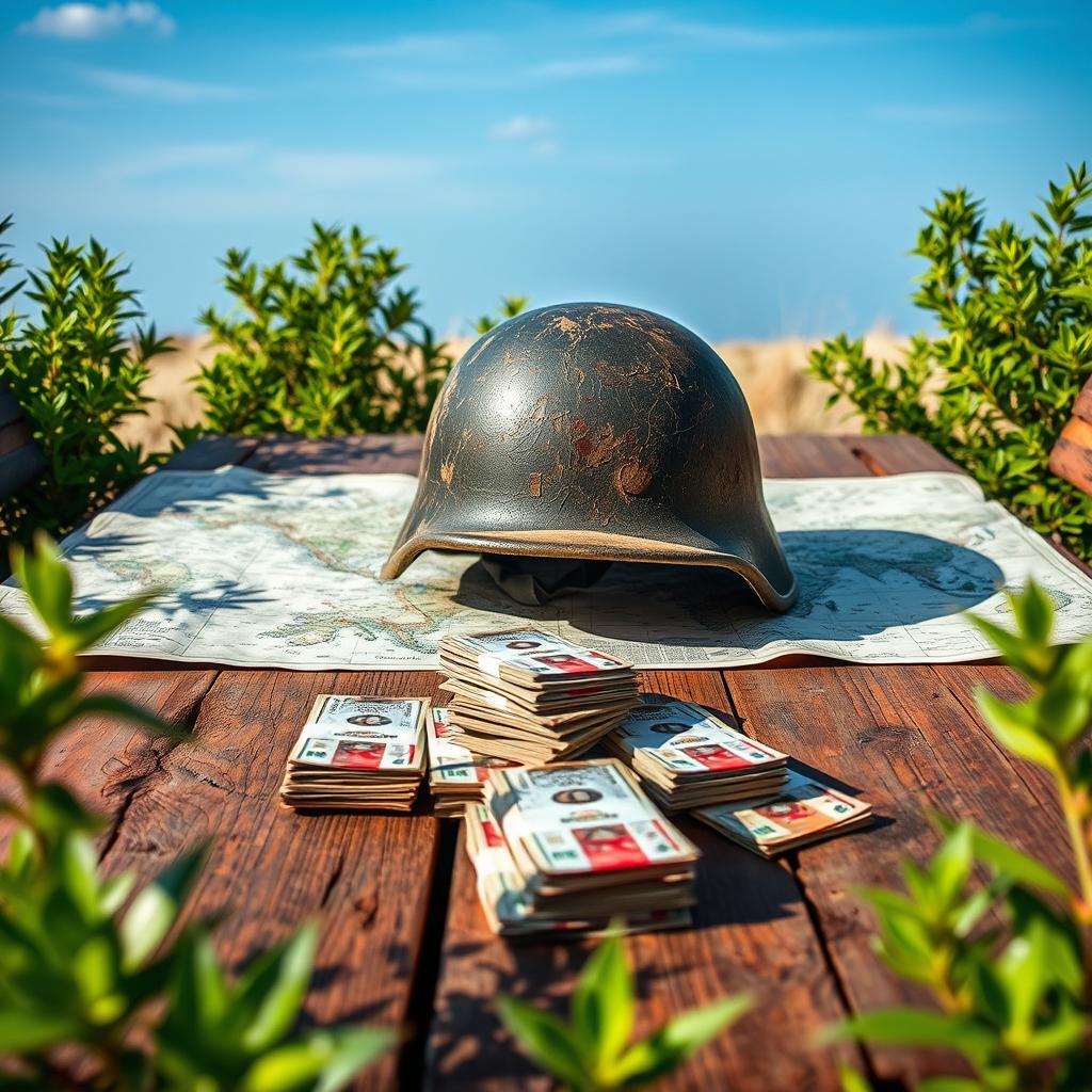 A rustic wooden table set outdoors under a clear blue sky, adorned with detailed military maps spread out across its surface