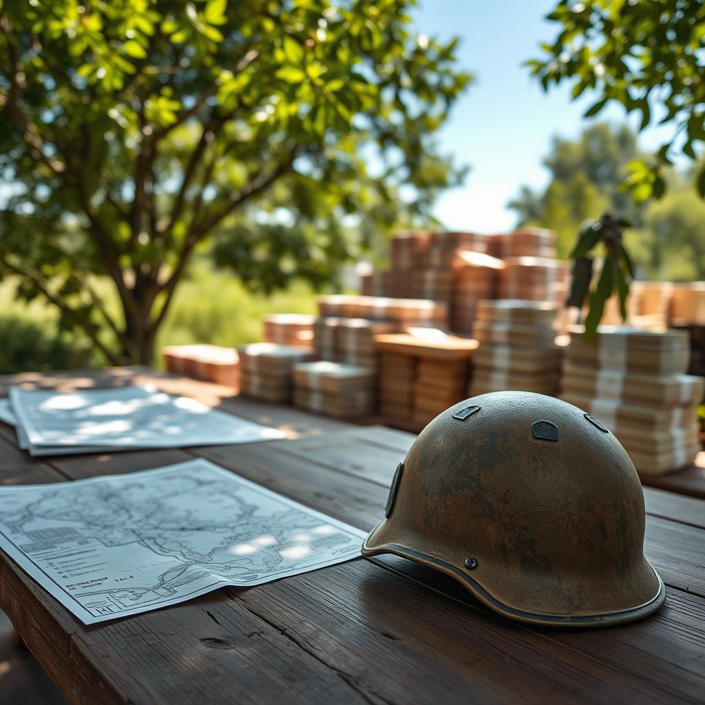 An outdoor scene featuring a rustic wooden table set under a bright blue sky