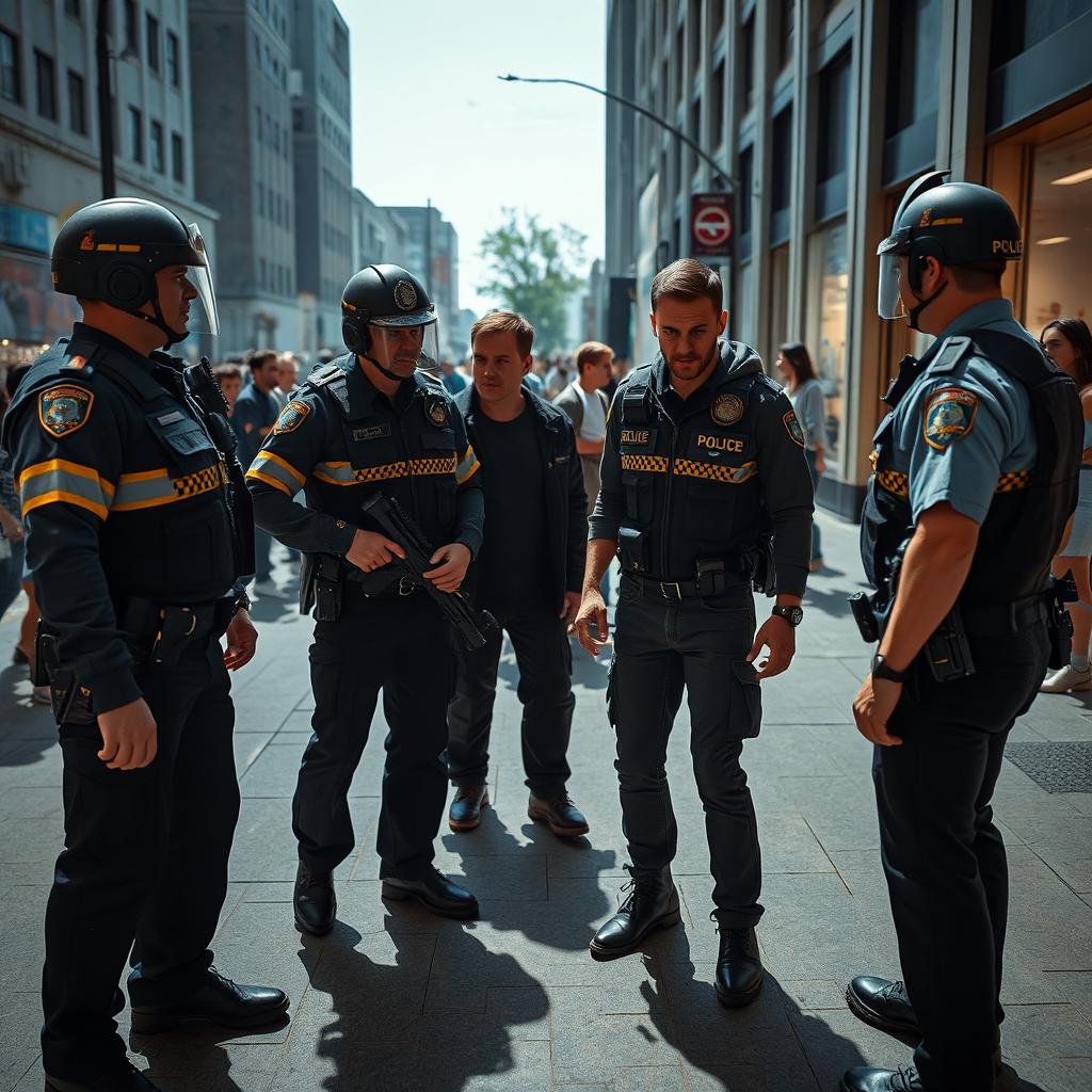 A dramatic scene depicting a confrontation between police officers and a suspect in an urban environment