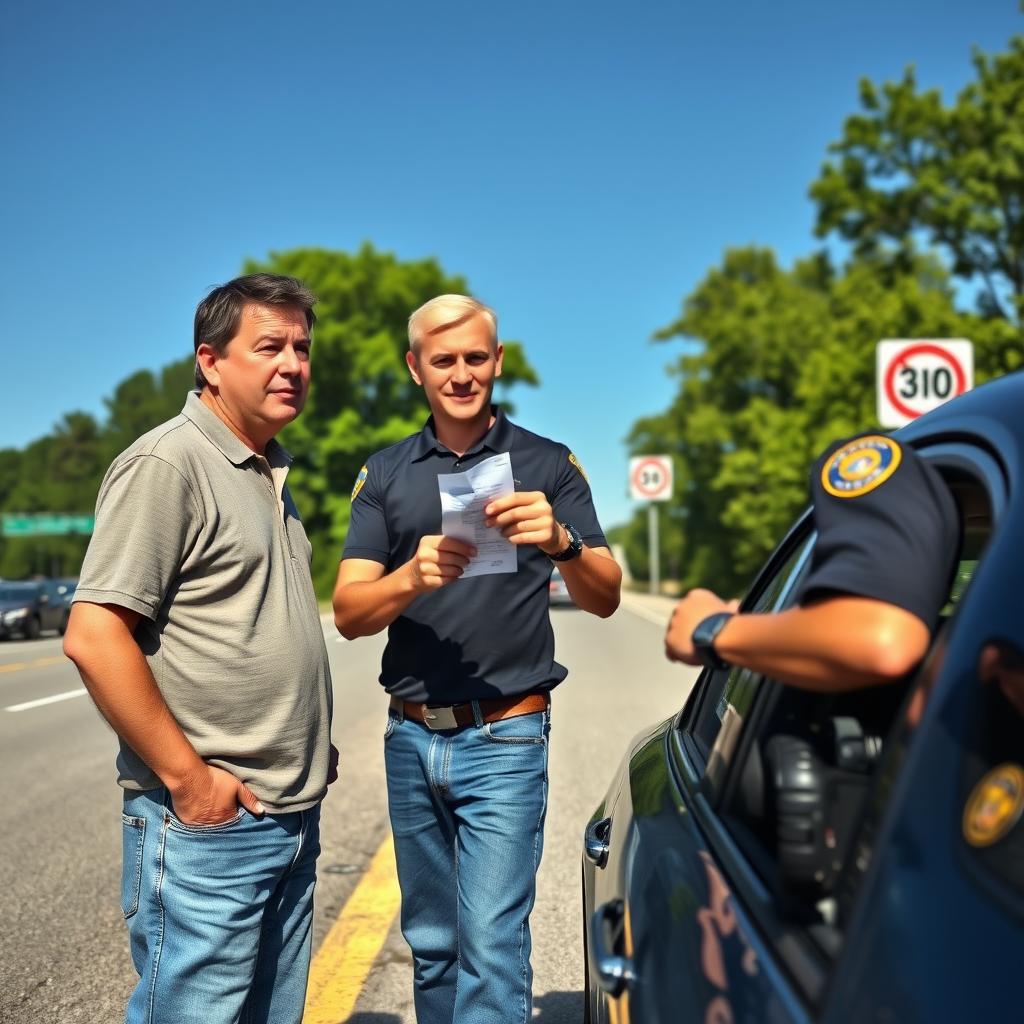 A person standing beside their car on the side of a busy highway, looking surprised and frustrated as a police officer hands them a speeding ticket