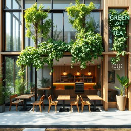 A beautifully designed green tea cafe featuring a modern architectural aesthetic