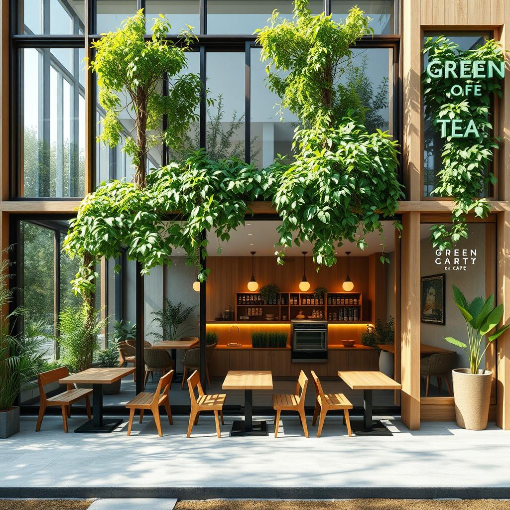 A beautifully designed green tea cafe featuring a modern architectural aesthetic