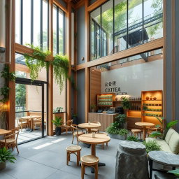 A beautifully designed green tea cafe featuring a modern architectural aesthetic