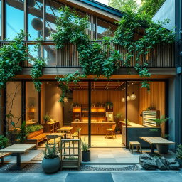 A beautifully designed green tea cafe featuring a modern architectural aesthetic