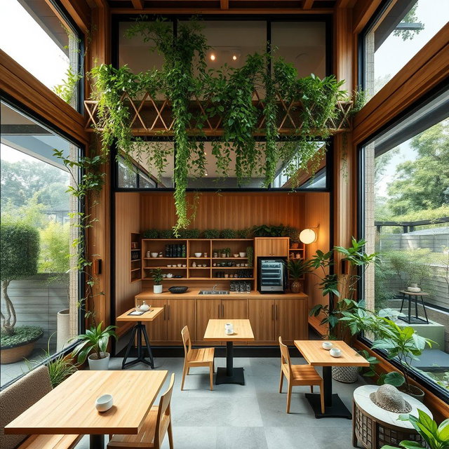 A beautifully designed green tea cafe featuring a modern architectural aesthetic