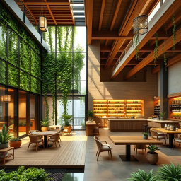 An exquisite architectural design of a green tea cafe, showcasing both the exterior and interior in rich detail