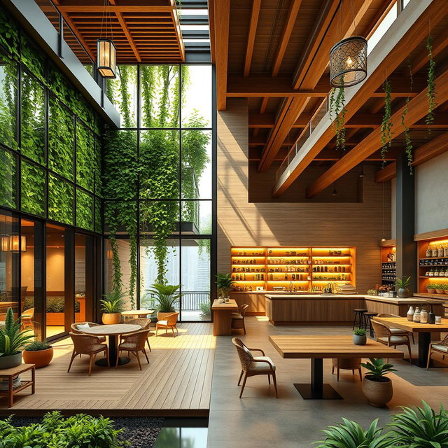An exquisite architectural design of a green tea cafe, showcasing both the exterior and interior in rich detail