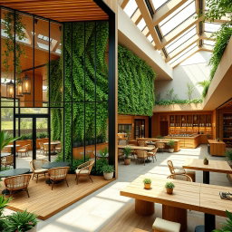 An exquisite architectural design of a green tea cafe, showcasing both the exterior and interior in rich detail