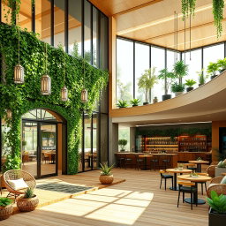 An exquisite architectural design of a green tea cafe, showcasing both the exterior and interior in rich detail