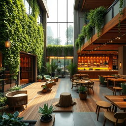 An exquisite architectural design of a green tea cafe, showcasing both the exterior and interior in rich detail