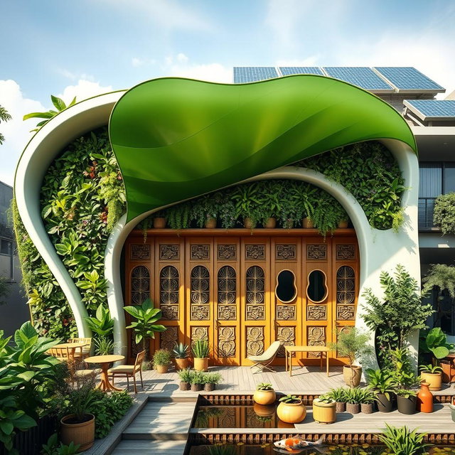 A unique architectural design for a green tea cafe with an emphasis on showcasing green tea elements