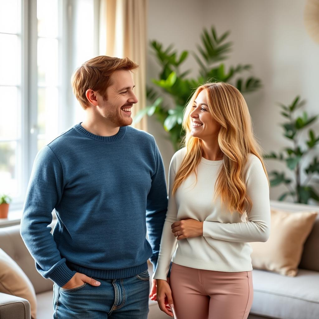 A cozy and warm living room setting featuring two adults: a man and his wife standing side by side, both smiling and enjoying each other's company