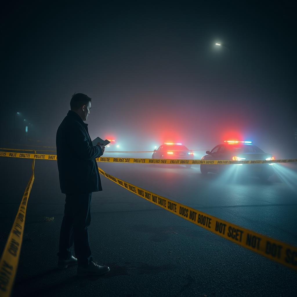 A dark and foggy crime scene at night, featuring yellow police tape stretched across the area, with noticeable blood stains on the ground